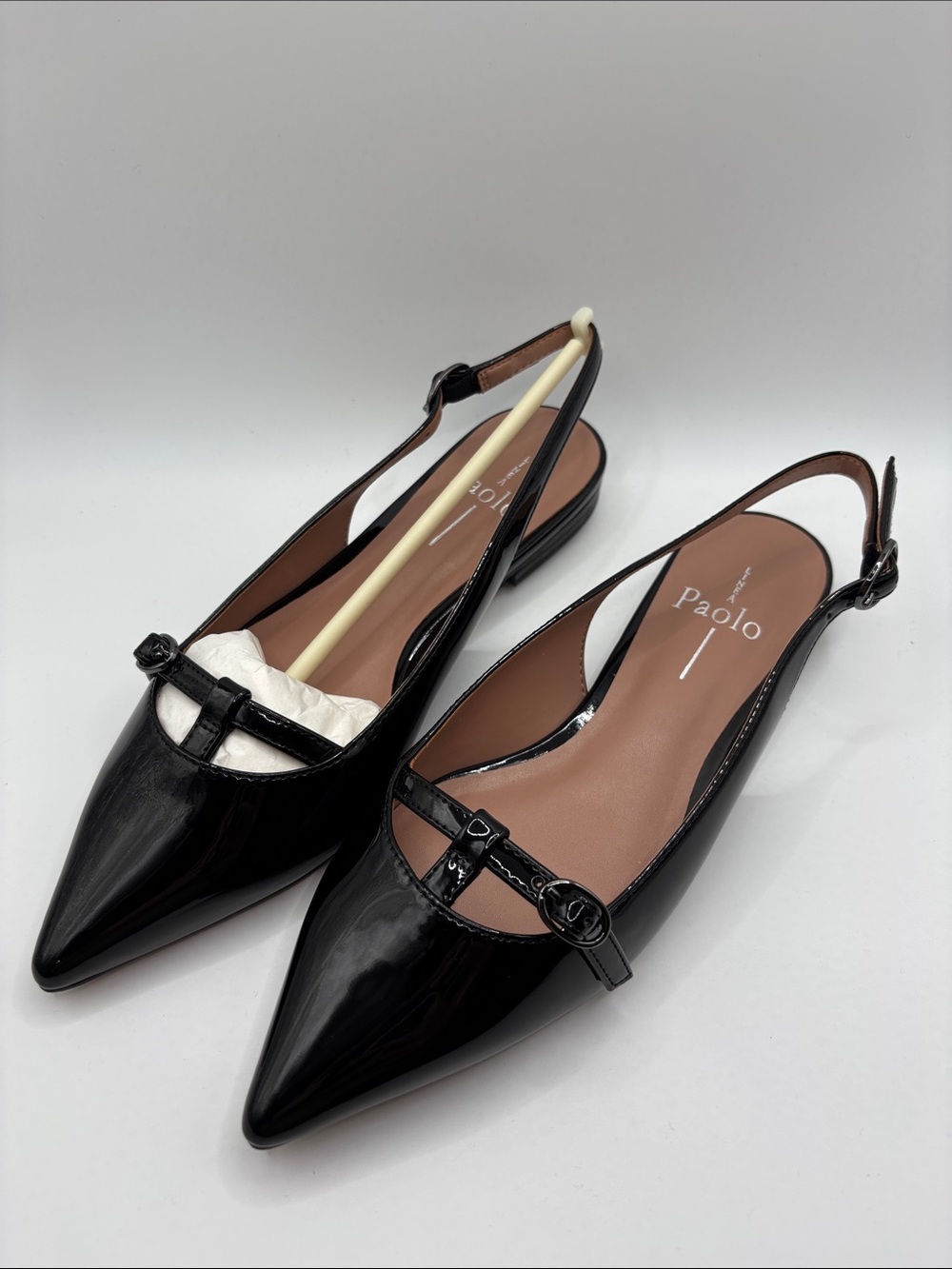 Paolo Black Patent Pointed Slingback Flats with Decorative Strap